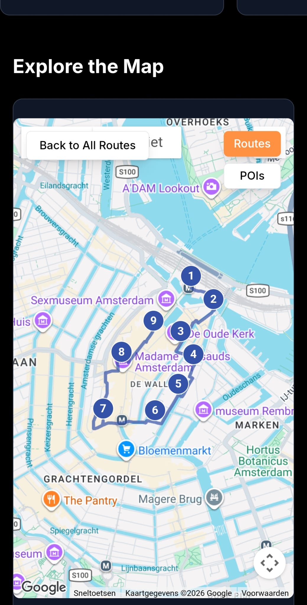 Walky Talky map screen showing an Amsterdam walking route with numbered points of interest